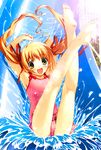  absurdres barefoot blonde_hair feet fixme highres jpeg_artifacts one-piece_swimsuit pastel soles solo swimsuit twintails water_slide yellow_eyes yuki_usagi yuuki_haruka 