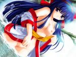  1200x900 1girl blue_hair breasts censored japanese_clothes kimono long_hair miko nakoruru nipples pussy samurai_spirits solo wallpaper water 