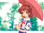  :d antenna_hair bangs breasts brown_eyes brown_hair clannad copyright_name furukawa_nagisa hair_ornament hairclip holding holding_umbrella looking_at_viewer medium_breasts neck_ribbon open_mouth outside_border red_ribbon ribbon sailor_collar school_uniform short_hair short_sleeves skirt smile solo suspender_skirt suspenders umbrella upper_body vector_trace 