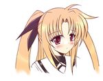  blonde_hair blush fate_testarossa hair_ribbon looking_away lowres lyrical_nanoha mahou_shoujo_lyrical_nanoha red_eyes ribbon solo twintails uminchu upper_body 