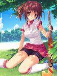  blush breasts brown_hair garden gloves hockey legwear shade skirt stockings thighhighs 