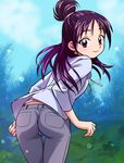  ass denim from_behind futari_wa_precure_splash_star half_updo haruyama_kazunori jeans long_hair looking_back mishou_mai nature pants precure purple_eyes purple_hair solo tree 