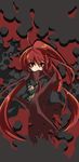  &gt;:( black_jacket brown_scarf closed_mouth crossed_arms eyelashes frown hair_between_eyes jacket long_hair long_sleeves looking_at_viewer noi red_background red_eyes red_hair scarf serious shakugan_no_shana shana shiny shiny_hair simple_background smoke solo torn_scarf upper_body v-shaped_eyebrows very_long_hair 