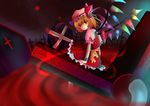  blonde_hair blood cross crystal demon_wings dress flandre_scarlet frills from_behind full_body graveyard hat kazu_(muchuukai) looking_at_viewer mob_cap one_side_up puffy_short_sleeves puffy_sleeves red_dress red_eyes shaded_face short_sleeves solo tombstone touhou vampire wings 