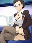  black_hair black_panties blue_eyes bra breasts business_suit chair cleavage crossed_legs el_cazador_de_la_bruja formal garters glasses hair_ornament hairclip highres jewelry jody_hayward large_breasts lingerie necklace panties saipaco sitting solo suit sweat thighhighs underwear 