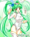  game_console green_hair long_hair microsoft personification potato_house quad_tails red_eyes solo xbox_360 