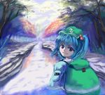  artist_request backpack bag blue_eyes blue_hair fork hair_bobbles hair_ornament kawashiro_nitori looking_at_viewer looking_back river smile solo touhou two_side_up 