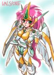  armor blush breasts crossed_arms green_eyes large_breasts long_hair mecha nire_nanaki pink_hair solo super_robot_wars super_robot_wars_original_generation super_robot_wars_the_lord_of_elemental valsione 