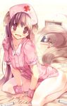  animal_ears arm_support bed blonde_hair bottomless copyright_request cuff_links dog_ears hanpen hat kneeling long_hair nurse nurse_cap pantyhose solo syringe tail tears wavy_mouth white_legwear wrist_cuffs 