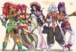  axe azusa_(hws) belt black_hair boots bow_(weapon) elbow_gloves fingerless_gloves gloves hat hilda_rhambling isabella_(tales) long_hair mary_argent multiple_girls nanaly_fletch red_hair refill_sage silver_hair staff sword tales_of_(series) tales_of_destiny tales_of_destiny_2 tales_of_legendia tales_of_rebirth tales_of_symphonia thigh_boots thighhighs waist_cape weapon white_background 