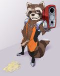  anthro casual_nudity draite grin guardians_of_the_galaxy gun humanoid_penis looking_at_viewer male mammal marvel muscular peeing penis presenting procyonid raccoon ranged_weapon rocket_raccoon smile solo uncut urine weapon 