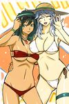  bikini breasts closed_eyes copyright_request dark_skin green_eyes green_hair hat large_breasts long_hair michael multiple_girls side-tie_bikini silver_hair straw_hat sunglasses swimsuit waving 