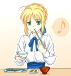  artoria_pendragon_(all) blonde_hair blouse chopsticks eating eighth_note fate/stay_night fate_(series) food green_eyes happy musical_note potato_house ribbon saber smile solo speech_bubble spoken_musical_note 