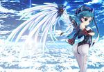 aqua_hair ass bad_id bad_pixiv_id breasts cloud day detached_sleeves ear_ornament feathered_wings from_side gloves hand_on_own_chest kirise_mitsuru leggings lens_flare looking_at_viewer mechanical_wings medium_breasts original parted_lips short_hair sky solo underboob white_gloves wings 