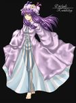  bangs barefoot black_background blunt_bangs cape floating_hair full_body katagi_ren long_hair long_sleeves looking_at_viewer patchouli_knowledge purple_eyes purple_hair simple_background skin_tight solo text_focus toes touhou very_long_hair wind 