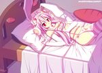  absurdres animal_ears bad_id bad_pixiv_id bed bow bow_panties bunny_ears elbow_gloves flat_chest front-print_panties gloves highres icqoo lying nipples no_bra original panties pillow pink_hair print_panties red_eyes sayori solo striped striped_legwear thighhighs topless underwear white_panties 