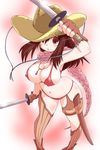  armpits aya_(oneechanbara) bikini blush breasts brown_hair cleavage covered_nipples cowboy_hat curvy gloves hat large_breasts naitou_kouse navel oneechanbara scarf solo swimsuit sword thigh_strap thighhighs weapon western 