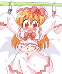  :o blush bow bowtie full-face_blush geetsu hat laundry lily_white navel orange_hair red_bow red_eyes skirt skirt_set sleeves_past_wrists solo surprised touhou white_skirt 