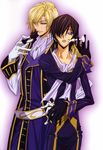  belt biting black_hair blonde_hair blue_eyes board_game brothers chess chess_piece code_geass gloves hair_over_one_eye hand_on_hip highres lelouch_lamperouge male_focus military military_uniform multiple_boys purple_eyes sakou_yukie scan scarf schneizel_el_britannia siblings smile uniform 