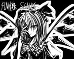 amicis black_background character_name collar crystal demon_wings evil_smile flandre_scarlet frills greyscale hair_over_one_eye looking_at_viewer monochrome parted_lips simple_background smile solo touhou upper_body wings 