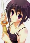  absurdres bamboo_blade flat_chest highres kawazoe_tamaki purple_eyes purple_hair ryouka_(suzuya) shinai solo sword weapon 