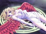  blonde_hair breasts copyright_request dress elbow_gloves ena_roseo feathered_wings gloves green_eyes large_breasts lying magic_circle red_wings white_dress white_gloves wings 
