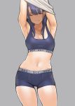  1girl armpits arms_up bangs blue_hair boxers commentary_request eyebrows_visible_through_hair eyes_closed grey_background highres long_hair navel original simple_background solo underwear undressing yomu_(sgt_epper) 