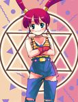  blue_eyes earrings haruyama_kazunori hexagram jewelry magic_circle magical_hat no_panties purple_hair solo spin_(magical_hat) suspenders torn_clothes twintails 