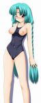  ;( absurdres aqua_hair arms_at_sides bangs bare_arms bare_legs bare_shoulders black_swimsuit blush braid breasts breasts_outside canal_vorfeed closed_mouth collarbone competition_swimsuit covered_navel cum cum_on_body cum_on_upper_body eyebrows_visible_through_hair facial_mark forehead_mark frown highres legs_apart long_hair looking_at_viewer lost_universe medium_breasts nipples nose_blush one-piece_swimsuit parted_bangs purple_eyes raised_eyebrows school_swimsuit shiny shiny_skin simple_background skin_tight solo standing sugimura_tomokazu swimsuit tareme twin_braids very_long_hair white_background 