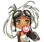 candy dark_skin echo_(elsword) elsword food gloves goggles lollipop lowres official_art ress solo swirl_lollipop transparent_background twintails uneven_twintails white_hair 