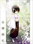  ahoge bad_id bad_pixiv_id black_hair cherry_blossoms copyright_request flower hayata_aya japanese_clothes short_hair solo sword weapon 