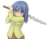  7010 blue_eyes blue_hair blush copyright_request glasses lowres solo sword weapon 