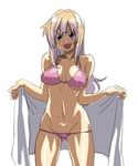  bikini blonde_hair blue_eyes blush breasts curvy fang grin large_breasts long_hair lowleg lowleg_bikini original poporon smile solo swimsuit towel 