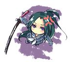  arcana_heart chibi green_hair katana kumuiutabito long_hair lowres purple_eyes school_uniform solo sword tokinomiya_kamui weapon 