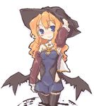  7010 black_wings blue_eyes blush copyright_request curly_hair detached_sleeves hat long_hair lowres orange_hair solo thighhighs wings witch_hat 
