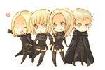  blonde_hair cape chibi clare_(claymore) claymore closed_eyes deneve elbow_gloves fang garter_belt gloves heart helen_(claymore) lingerie miria_(claymore) multiple_girls pocopoco ponytail short_hair silver_eyes standing thighhighs underwear 