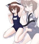  animal_ears cat_ears cat_tail chen kneeling kuro_suto_sukii name_tag one-piece_swimsuit school_swimsuit solo swimsuit tail touhou 