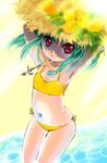  armpits arms_up bikini braid covered_nipples flat_chest green_hair hat jewelry navel necklace nishida_asako open_mouth red_eyes rimone simoun solo straw_hat swimsuit water 