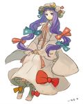  blue_ribbon bow crescent crescent_hair_ornament dress hair_ornament hat iwamoto_zerogo long_hair long_sleeves looking_at_viewer mob_cap patchouli_knowledge pink_bow purple_eyes purple_hair red_ribbon ribbon simple_background sketch solo touhou white_background 
