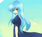  blue_dress blue_hair dress from_side haneko kamishirasawa_keine long_hair looking_afar looking_to_the_side lowres puffy_short_sleeves puffy_sleeves red_eyes short_sleeves solo touhou upper_body very_long_hair 