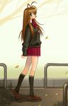  antenna_hair brown_hair copyright_request green_eyes hyougo_kikusuimaru long_hair road school_uniform solo street walking 