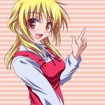  blonde_hair blush brown_eyes hidamari_sketch kikuchi_tsutomu miyako pointing school_uniform solo striped 