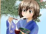  brown_hair chopsticks copyright_request eating food japanese_clothes kimono short_hair solo taiga~midnight 