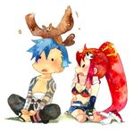  1girl animal animal_on_head bird bird_on_head chibi kamina long_hair lowres on_head owl shirtless tengen_toppa_gurren_lagann thighhighs traditional_media watercolor_(medium) yoko_littner zukki_(suzukio) 