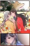  2girls blue_kimono blush brown_eyes brown_hair crying crying_with_eyes_open ears eyes_closed flower flower_(symbol) fox from_side fuji_cak gradient gradient_background grey_hair holding_letter interlocked_fingers japanese_clothes kimono layered_clothing layered_kimono letter light lips long_hair multiple_girls nose open_eyes panels pink_lips red_kimono sad streaming_tears tamamizu_monogatari tears tied_hair yellow_background yellow_eyes yellow_kimono yuri 