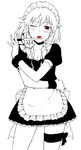  :p ;p blush bow braid greyscale hair_bow izayoi_sakuya jas knife licking maid maid_headdress monochrome one_eye_closed red_eyes smile solo spot_color thigh_strap tongue tongue_out touhou twin_braids wrist_cuffs 