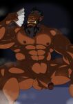  2019 abs balls beard black_hair blizzard_entertainment braided_beard brown_skin circumcised circumcision_scar dark ducka-98 exhausted facial_hair fan_(disambiguation) folding_fan hair hi_res humanoid humanoid_penis looking_at_viewer male muscular muscular_male not_furry nude orc panting paper_fan pecs penis pointy_ears simple_background sitting solo sweat tusks video_games warcraft yellow_eyes 