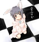  animal_ears bangs blush bunny_ears from_above lefty10 looking_up nagato_yuki paws short_hair solo suzumiya_haruhi_no_yuuutsu translated 