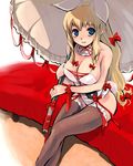  animal_ears blonde_hair blue_eyes breasts bunny_ears bunny_tail bunnysuit cleavage duplicate large_breasts parasol solo tail thighhighs touhou umbrella yakumo_yukari yuu_(kfc) 