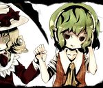  :q ascot bad_id bad_pixiv_id blonde_hair bow elly green_hair hat hat_bow headphones holding_hands k_no_hito kazami_yuuka multiple_girls plaid plaid_vest red_eyes scythe short_hair tongue tongue_out touhou touhou_(pc-98) vest yellow_eyes 